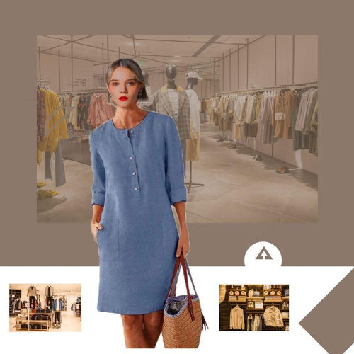 Long-sleeved cotton and linen dress with a round neckline