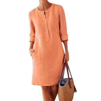 Long-sleeved cotton and linen dress with a round neckline