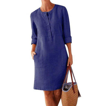 Long-sleeved cotton and linen dress with a round neckline