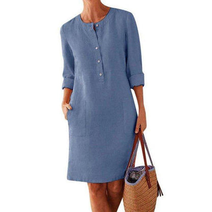 Long-sleeved cotton and linen dress with a round neckline