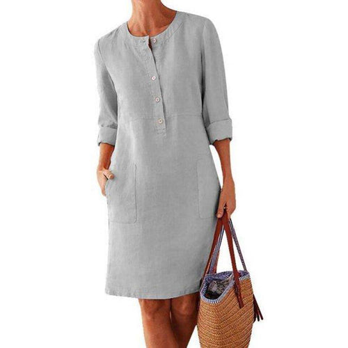 Long-sleeved cotton and linen dress with a round neckline