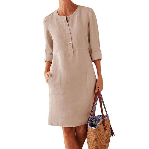 Long-sleeved cotton and linen dress with a round neckline